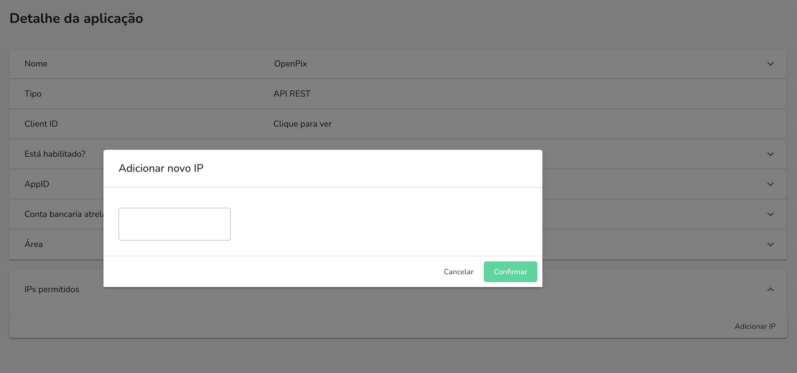 Detalhe da API mostrando o modal de adição de IPs