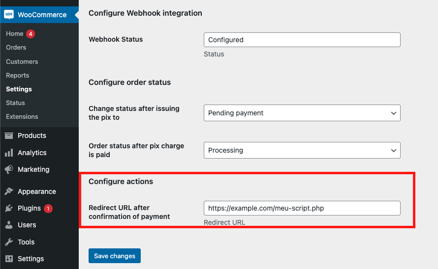 Configurações da URL de redirecionamento